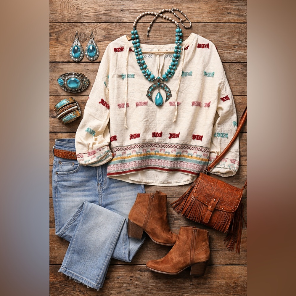 Lou & Gray for Loft Bohemian Cream Top with Embroidery